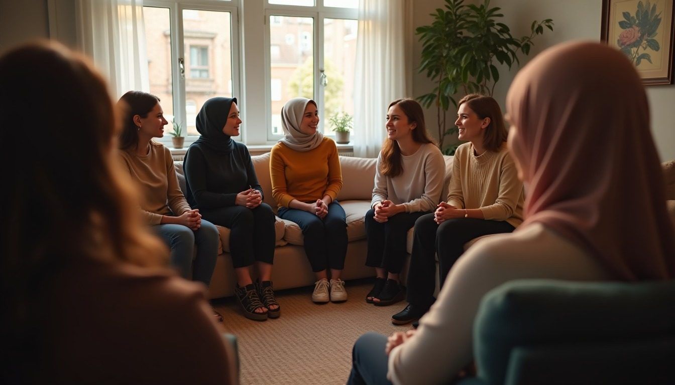 Een groep vrouwen in gesprek in een lichte, huiselijke ruimte